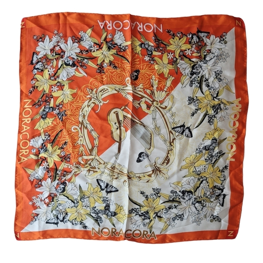 NoraCora Floral‎ Harp Violin Square Scarf Silk Butterfly Orange
